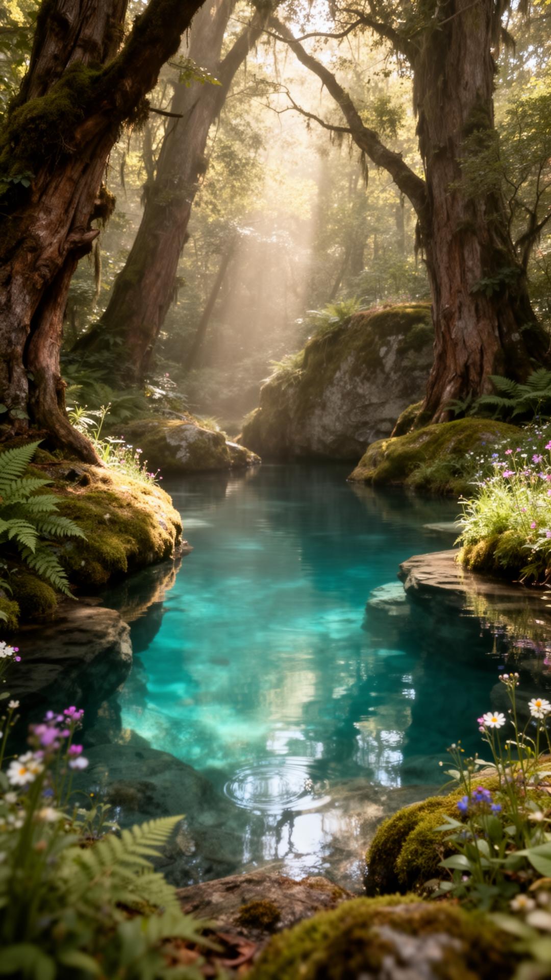 A hidden forest pool surrounded by moss and ferns
