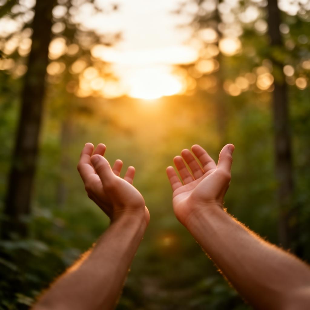Hands raised in golden light