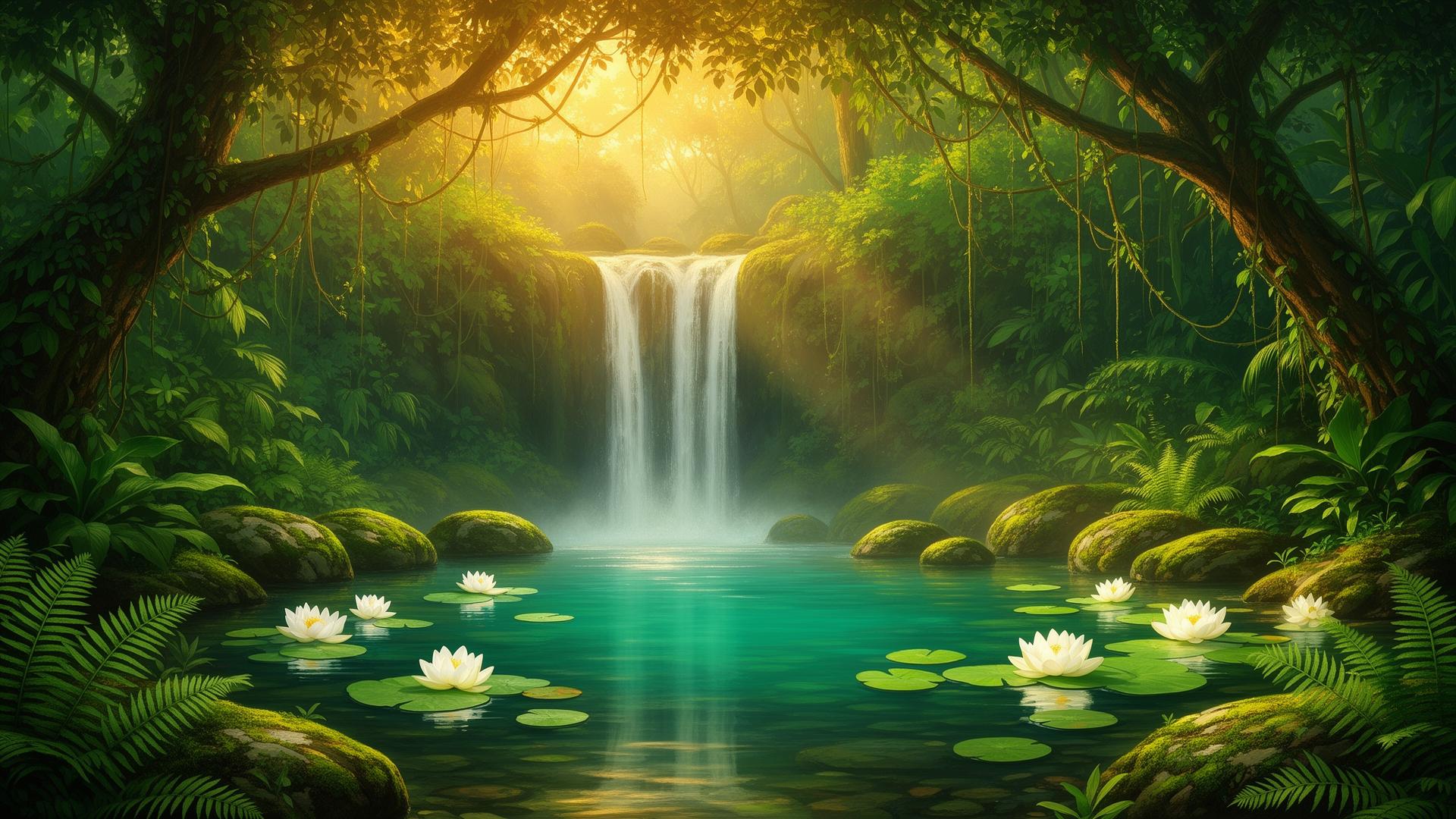 A lush oasis with a waterfall, white lotus, and filtered light